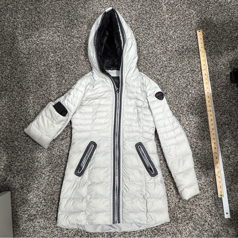 Pajar Cece Down Light Gray Hooded Puffer long Jacket - Picture 7 of 8